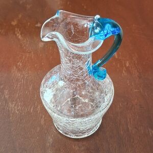 Clear Crackle Glass Pitcher with Blue Handle - Home Art